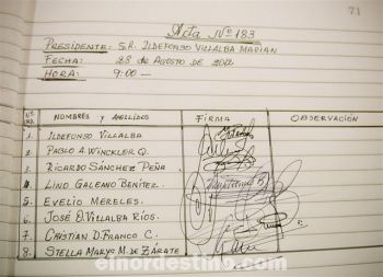 El Acta nro. 183 correspondiente a la última sesión ordinaria de la Junta Departamental de la Gobernación del XIII Departamento de Amambay con Ildefonso Villalba como Presidente. (Foto: Diego Lozano).