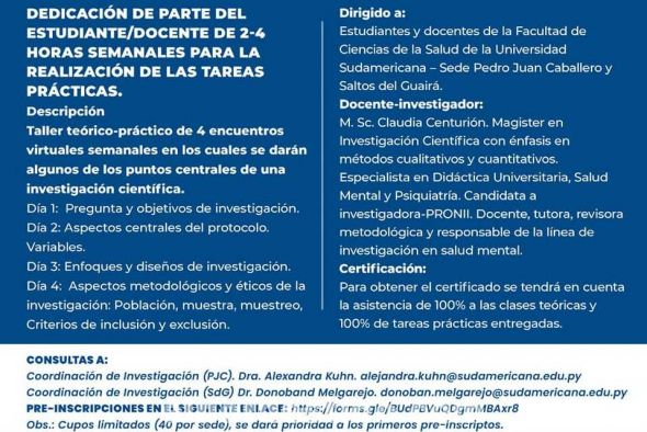Los talleres de Metodología de La Investigación Científica están dirigidos exclusivamente a estudiantes y docentes de la Facultad de Ciencias de la Salud de la Universidad Sudamericana, en las sedes de Pedro Juan Caballero y Salto del Guairá. (Foto: Fanpage de Facebook de Universidad Sudamericana).