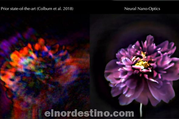 Las cámaras de tamaño micro anteriores (izquierda) capturaron imágenes borrosas y distorsionadas con campos de visión limitados. Un nuevo sistema llamado nanoóptica neuronal (derecha) puede producir imágenes nítidas a todo color. (Foto: Universidad de Princeton).