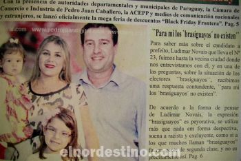 En la edición de la fecha de semanario Extra (semanario con más circulación en el lado paraguayo) se reprodujeron las desafortunadas declaraciones del candidato a Prefeito Ludimar Novais . (Foto: elnordestino.com).