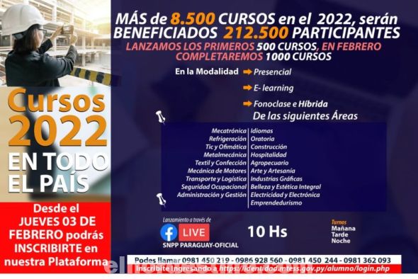 Las capacitaciones serán desarrolladas a través de las modalidades e-learnig, fonoclases y clases presenciales en las más de sesenta sedes con que cuenta el SNPP en todo el país. Todos los egresados ingresarán automáticamente a la bolsa de empleo. (Foto: Agencia de Información Paraguaya).